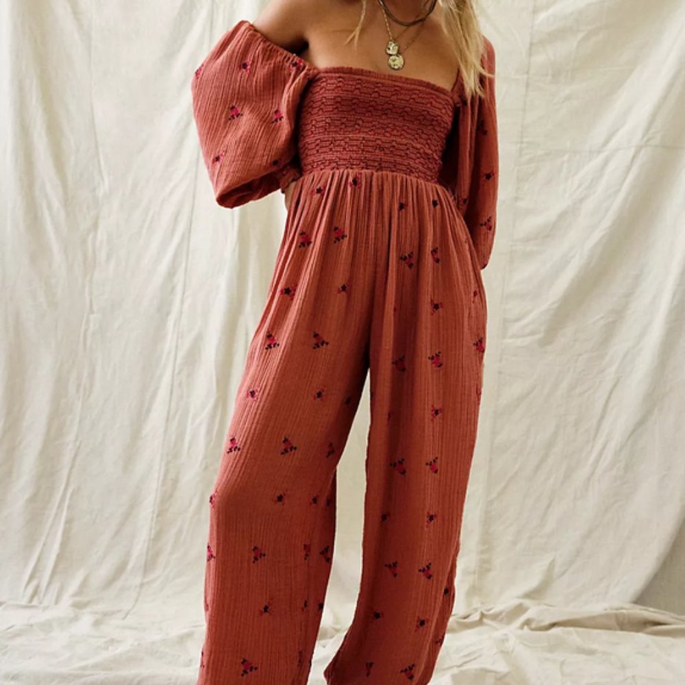 Free People Dahlia Embroidered Jumpsuit Embroidered Smocked Small New